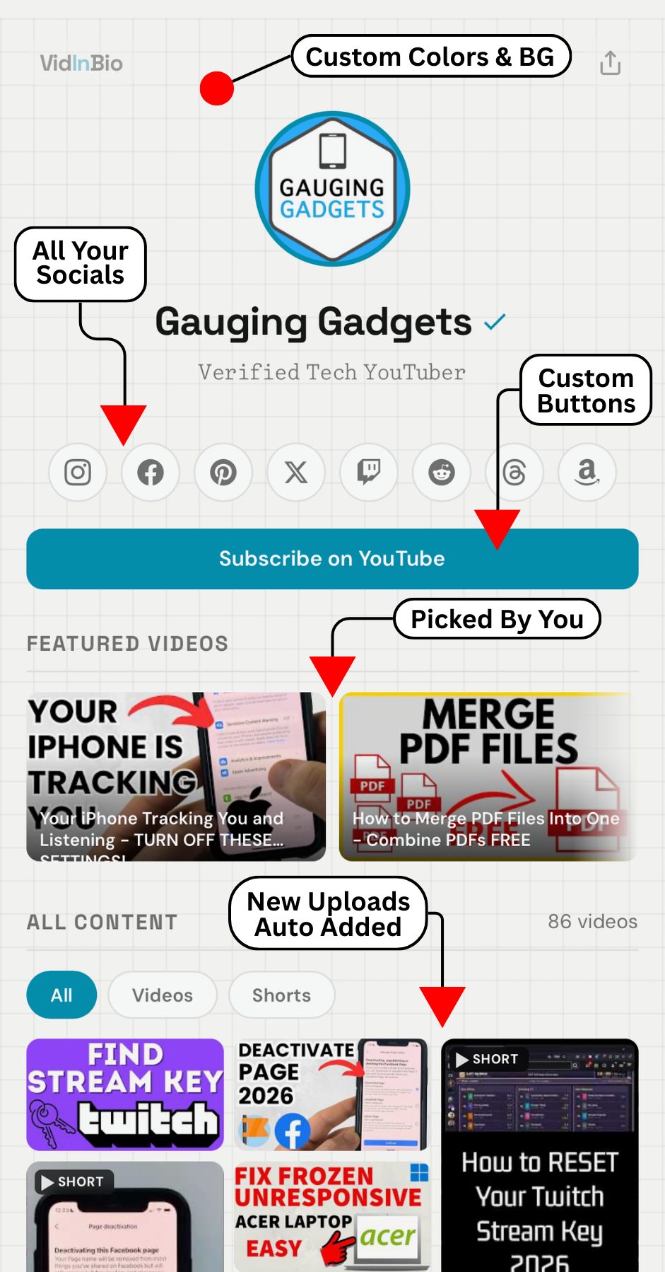 Example VidInBio page showing Gauging Gadgets creator profile with annotated features